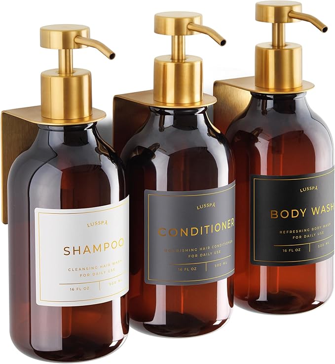 Shower Shampoo Dispenser Wall Mounted – 3 Refillable 16.9 oz Amber Bottles with Stainless Steel Pumps & No-Drill Adhesive Holders – Soap Dispenser Set for Bathroom (3 X Amber/Gold)