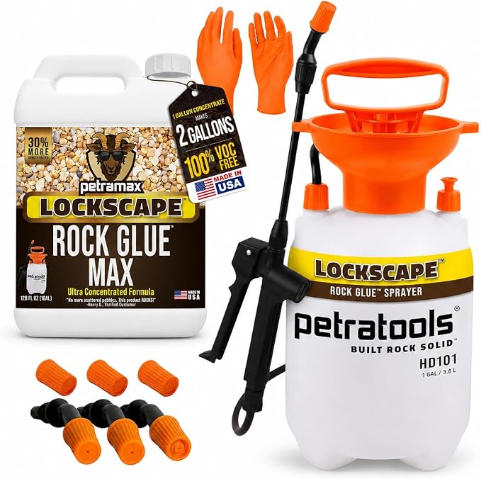Lockscape Sticky Rock or Sticky Mulch Glue for Landscaping with Sprayer 1 Gallon, Max Rock Glue for Landscape & PetraTools HD101 Bundle, Lockdown Gravel or Mulch for Landscaping Hold (Stone Max)