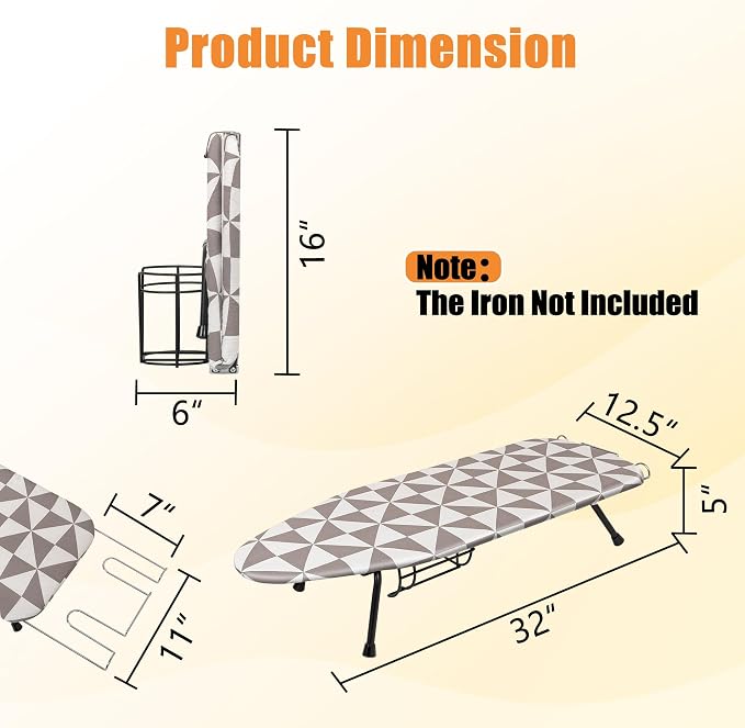 Small Tabletop Ironing Board with Iron Holder, Portable Iron Board with Non-Slip Feet, Foldable Mini Ironing Board with Cover and Pad for Home, Travel & Apartment, 12x32 Grey (Ironing Not Included)
