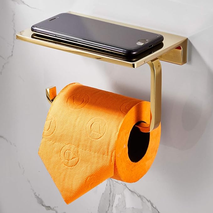 Toilet Roll Paper Holder Bathroom Solid Brass and Superior Hotel Style Wall Mount Tissue Roll Holder with Phone Shelf Bright Gold Finished