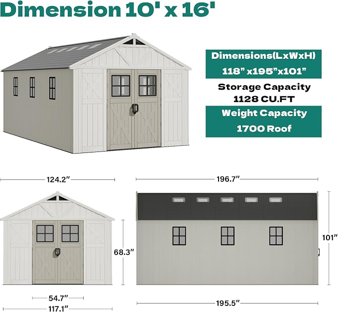 Devoko 10x16 FT Resin Storage Sheds with Floor, Large Plastic Outdoor Garden Shed with Windows & Lockable Doors, Outside Utility Storage Tool Shed for Patio Backyard Lawn, Beige