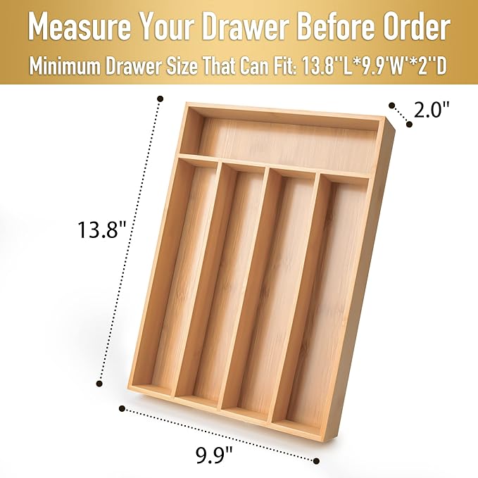 Besilord Silverware Organizer Kitchen Drawer Organizer Utensil Organizer Bamboo Silverware Holder Cutlery Organizer in Drawer Flatware Organizer Tray(5 slots, Natural