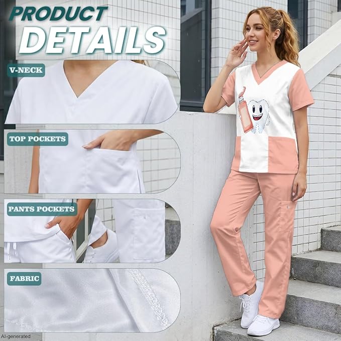 Gomyblomy Women's Scrubs Suit 3-Piece Set | Teeth Print V-Neck Top & Pants & Cap, Breathable and Stretch Fabric, S-5XL