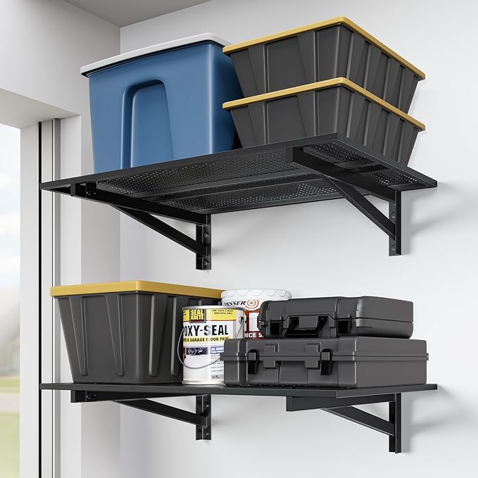 Jusgym 2 Pack Heavy Duty Garage Wall Shelving (2x3ft), 700lbs Capacity Garage Shelving Wall Mounted, 24"x72"Garage Storage Rack Floating Shelves, Black
