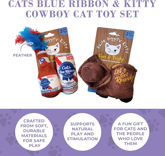 Haute Diggity Kitty Cats Blue Ribbon + Kitty Cowboy Set, Plush Cat Toys Catnip Filled with Interactive Crackle Sound, Safe & Durable Toys for Cat & Kitten, 4 Pcs