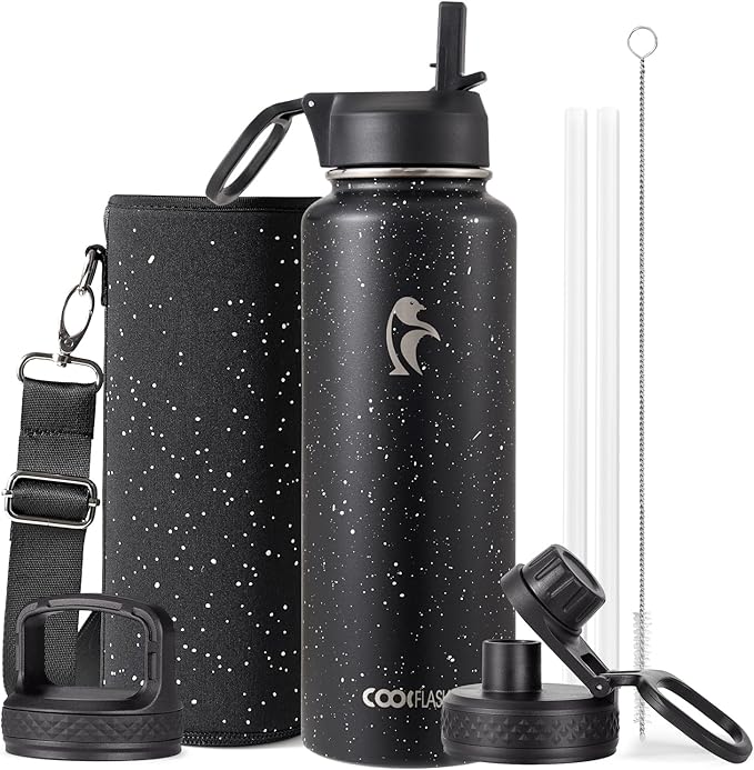Coolflask Water Bottle 40 oz Insulated with Straw, Stainless Steel Metal 3 Lids Water Flask for Sports or Office, Keep Cold 48H Hot 24H, Starry Night