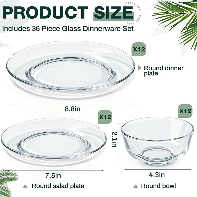 Havawish 36 Pcs Glass Dinnerware Set Sleek Round Clear Glass Plate and Bowl Sets for Dessert, Salad, Fruit, Dishwasher, Microwave Safe Kitchen Dining