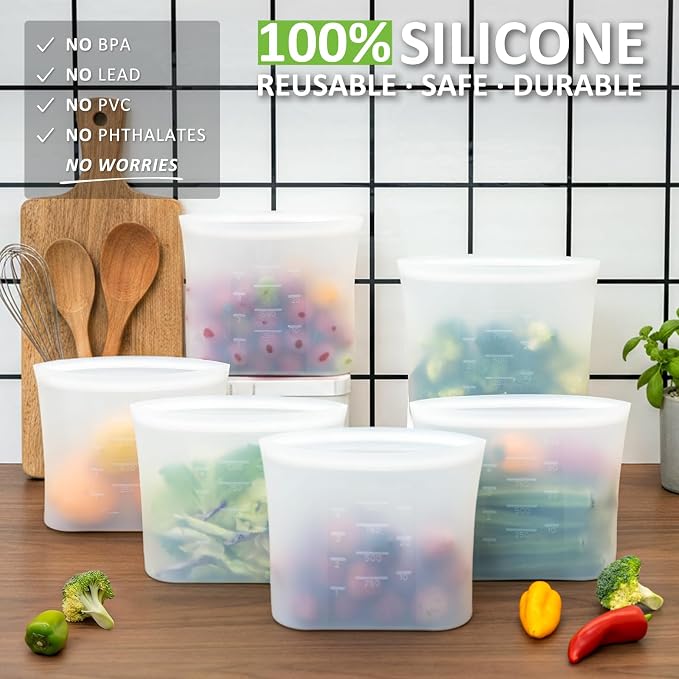 Reusable Silicone Food Storage Bags Quart 4 Pack, Stand Up Ziplock Reusable Freezer Sandwich Bag Containers for Food Travel, Freezer Microwave Oven Dishwasher Safe, Translucent, 33.8fl.oz