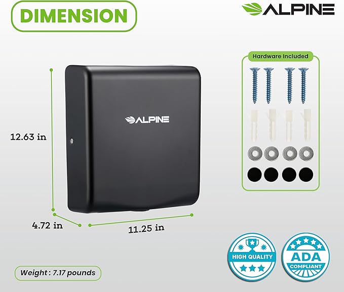 Alpine Hand Dryers for Bathrooms Commercial Extreme Speed Automatic Electric Hand Dryer for Home Bathroom/Restaurant with HEPA Filter, Heat & Speed Control - ADA Compliant (120v Matt Black)