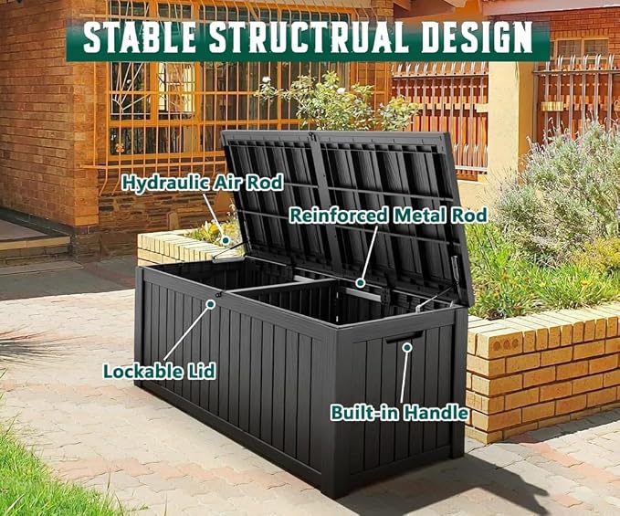 151 Gal Deck Box, Outdoor Storage Box Waterproof Lockable, Gas Lift,Black | Large sturdy grey resin deck box, double wall panels, waterproof backyard storage for package delivery, garden hoses tools
