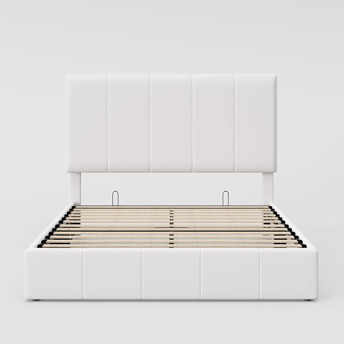 Allewie Queen Size Velvet Lift Up Hydrualic Storage Bed Frame, White | Vertical Channel Tufted Headboard, Hydrualic Underneath Storage, Upholstered Platform Bed, No Box Spring Needed