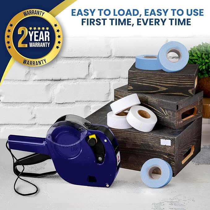 Perco Lite 1 Line Price Gun Kit for Retail Business – Includes 2 White Rolls, 4 Blue Rolls, Gun Clip & Ink Rollers – Pre-Loaded Pricing Gun w Labels & Ink