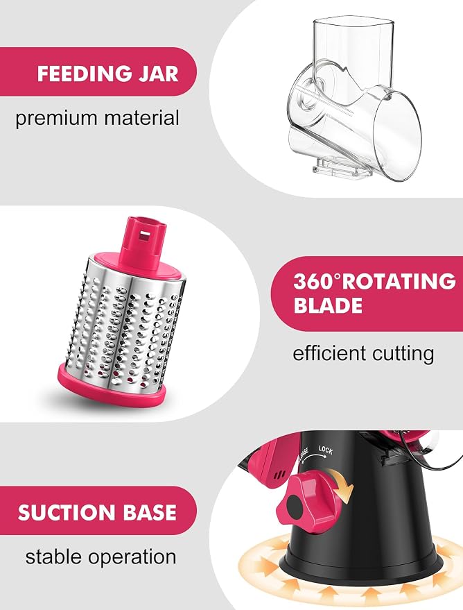 Cheese Grater Rotary, Rotary Grater for Kitchen, Kitchen Vegetable Slicer with 3 Drum Blades, Fast Cutting Cheese Shredder for Vegetables and Nuts (Black+Rosy, 3 BLADES)