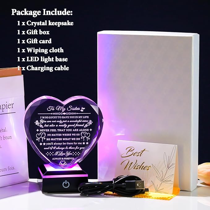 Arikyrist Sister Gifts from Sister Brother with Colorful LED Base Birthday Gifts Idea for Sisters Crystal Heart Keepsake Sisters Gift for Women for Christmas Mother's Day Valentines