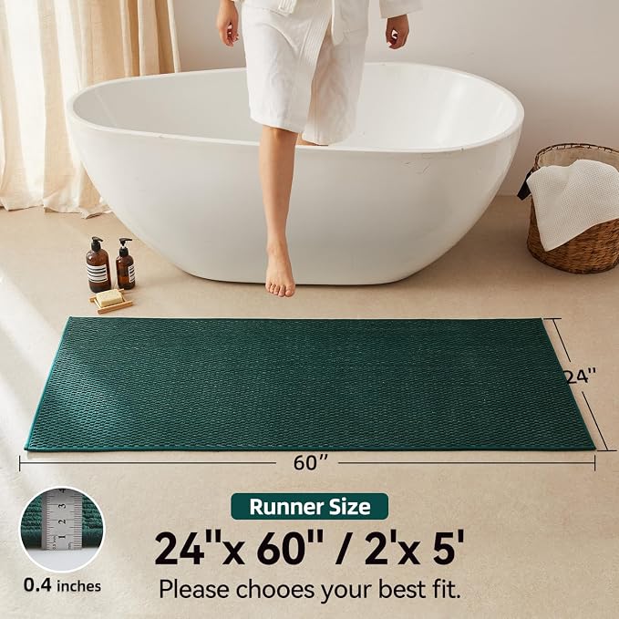Triohero Bathroom Runner Rug, Long Bath Mat Washable Thin Quick Dry Low Pile Bathroom Runner Rugs 24 x 60 Non Slip, Dark Green 24"x60"