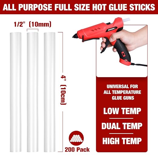 Arrow Full Size Hot Glue Sticks, 200 Pack Clear Glue Gun Sticks | 4" and 1/2" Diameter High Viscosity All-Purpose Gun Stick for DIY Art, Craft General Repairs, Festival Home Decoration