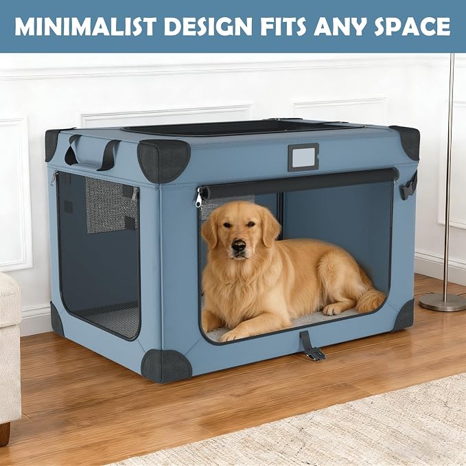 42 Inch Foldable Dog Travel Crate Blue with Sturdy Metal Frame | Chew-Proof Mesh Window,Soft Blanket and Foldable Bowl,Waterproof and Easy to Clean,Portable for Camping,Signature card
