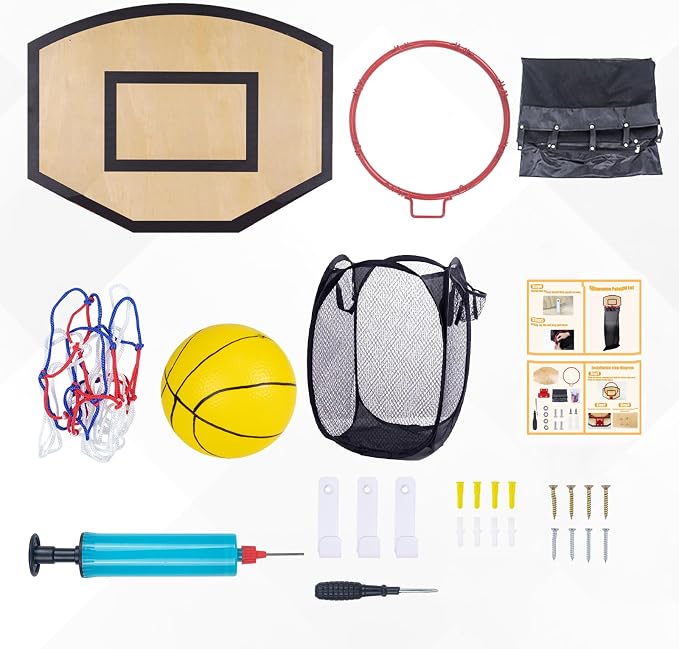 Basketball Laundry Hamper, Over The Door Hoop with Laundry Basket, Sports-Themed Hamper Organizer Set with Backboard, Ball, Net, Air Pump & Hooks for Bedroom or Bathroom