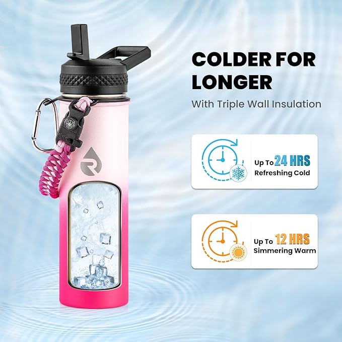 RAYMYLO Insulated Water Bottle 20 oz, Triple Wall Vacuum Stainless Steel (Cold for 24Hrs, Hot for 12Hrs), Leak Proof & Non-BPA, Modern Water Bottle Jug for School with Straw Spout Lids