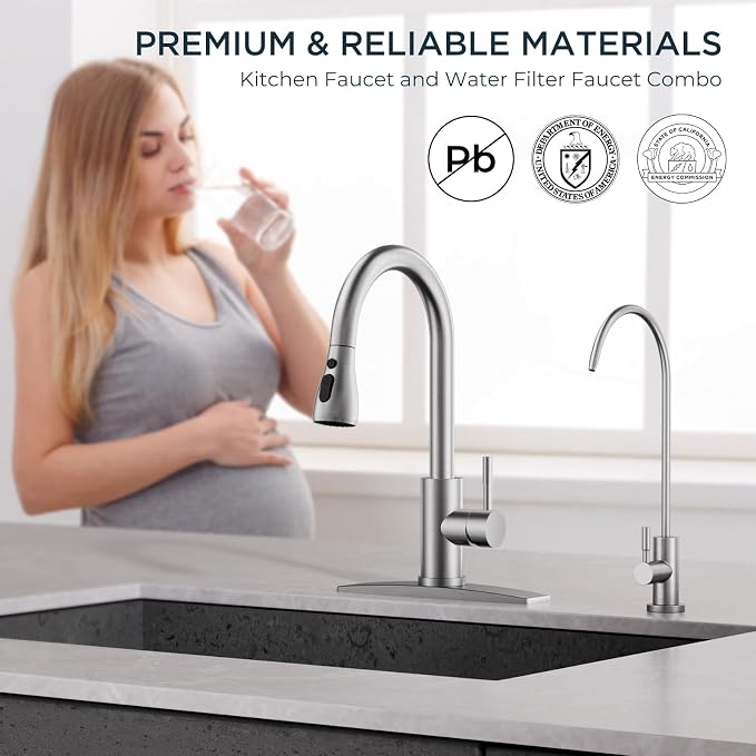 FORIOUS Kitchen Faucet and Water Filter Faucet Combo, Brushed Nickel Stainless Steel Bar Faucet Pull Down Sprayer and Drinking Purifier Faucet Set for Kitchen Sink RV Farmhouse Camper
