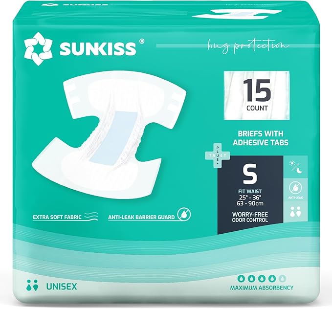 SUNKISS TrustPlus Adult Diapers with Maximum Absorbency, Unisex Disposable Incontinence Briefs with Tabs for Men and Women, Odor Control, Small, Previously XSmall, 15 Count