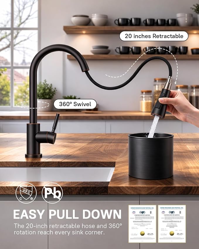 WEWE Kitchen Faucets with Pull Down Sprayer, Stainless Steel Single Handle 1 Hole for Family Kitchen Commercial Camper Laundry Rv Bar, Oil Rubbed Bronze