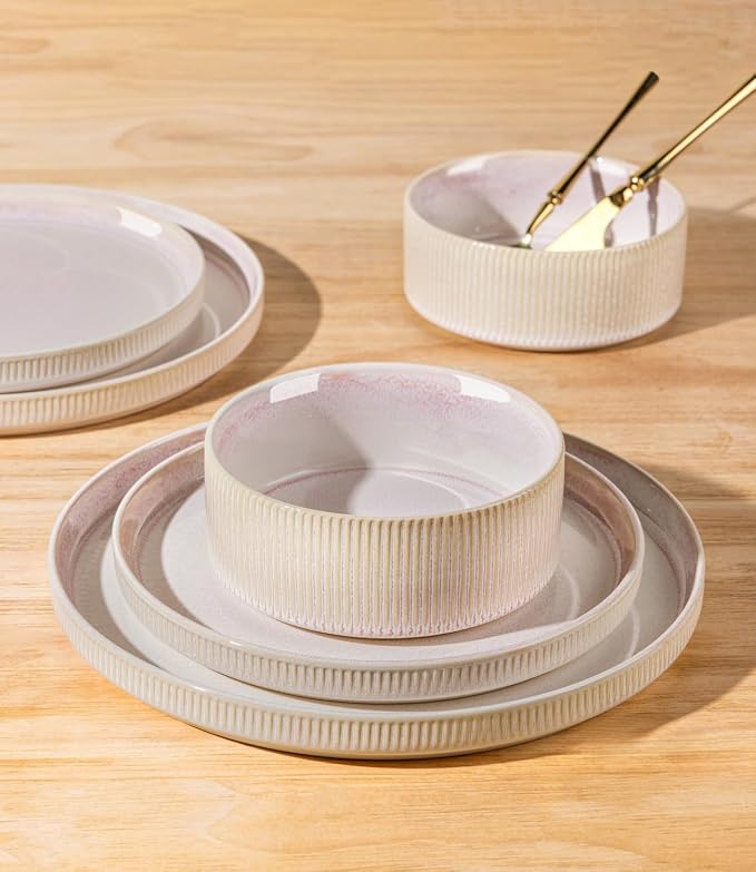 TheTerra Ceramic Dinnerware Sets for 8, 24 Pieces Porcelain Lightweight Plates and Bowls Sets, Scratch Resistant Dish Set, Oven & Microwave & Dishwasher Safe, Primrose Pink