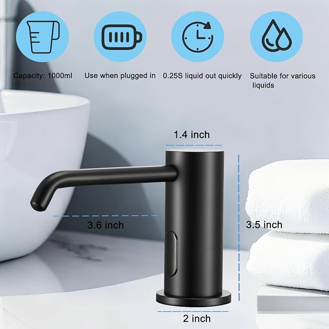Automatic Soap Dispenser Touchless for Kitchen Bathroom Sink Built in Electric Soap Dispenser Infrared Sensors Liquid Commercial Dispenser with Bottle and Pump 33.81oz/1000ml (Black)