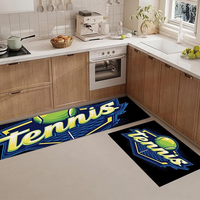Tennis Net Tennis Ball Kitchen Rugs Non Slip Blue Kitchen Mats Machine Washable Rugs 2 Pieces Minimalist Sports Design Runner Carpet, 20"x32"+20"x71"