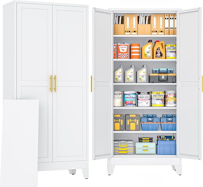 PAOFIN Metal Tall Storage Cabinet with 2 Doors and 5 Adjustable Shelves, 75" Metal Garage Storage Cabinets, File Cabinet,Steel Tool Cabinets for Home,Office,Garage,School,Warehouse (White)