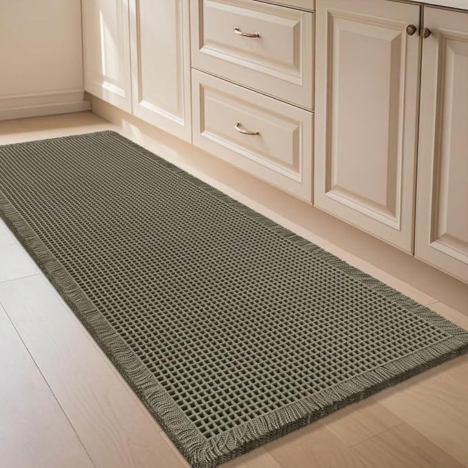 IM HOME Waffle Bath Mat Olive Green 4'x2', Boho Woven Modern Bath Mat Rugs, Absorbent Non Slip Bathroom Rugs, Soft Washable Bath Rugs with Tassels for Bathroom, Bedroom, Kitchen, Shower, Tub