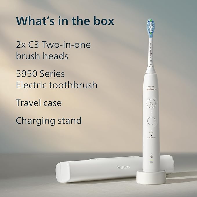 Philips Sonicare 5950 Series Electric Toothbrush with Pressure Sensor, 6 Brushing Settings, SmarTimer, BrushPacer, 21-Day Runtime, Travel Case, White, HX7130/03