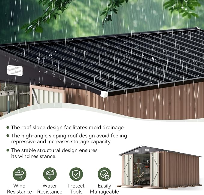 Aoxun 10 x 12FT Outdoor Storage Shed with Double Hinged Large Door, Brown | Utility Garden Shed with Lockable Door & Sloped Roof Metal Sheds Outdoor Storage for Garden, Backyard, Patio and Backyard