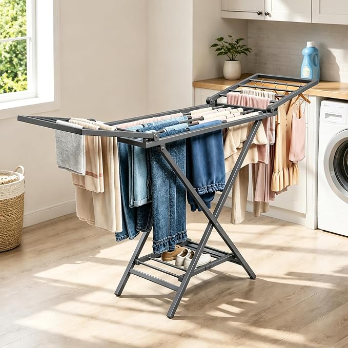 Clothes Drying Rack Heavy Duty, Foldable Laundry Dryer Stand for Clothing & Towel, Free Standing Collapsible for Indoor & Outdoor, 2-Level Clothing Drying Rack, 63" L× 17.7" W, Gray