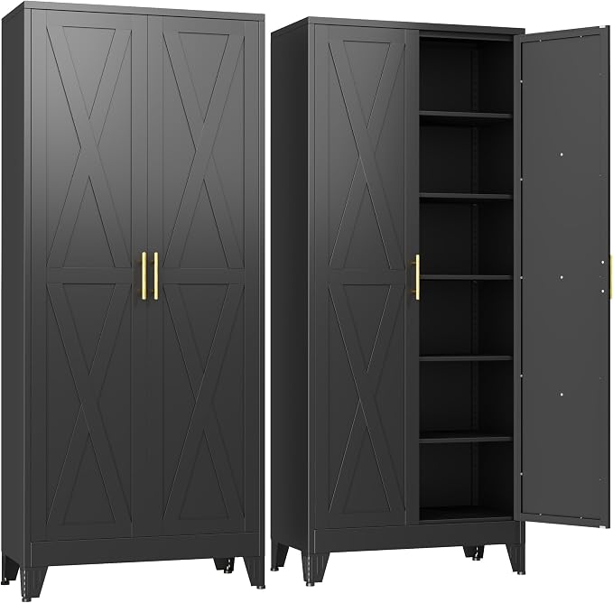 GAIOUS 74.8" Tall Kitchen Pantry Cabinet, Metal File Storage Cabinet Black | Steel Office Cabinet, Freestanding Cupboard with 2 Doors and 5 Adjustable Shelves, Bathroom Kitchen Home Garage Tool Cabinet