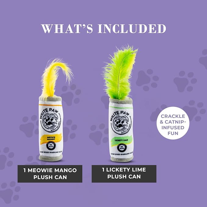 Haute Diggity Kitty White Paw Mango & Lime Set, Plush Cat Toys Catnip Filled with Interactive Crackle Sound, Safe & Durable Toys for Cat & Kitten, 2 Pcs