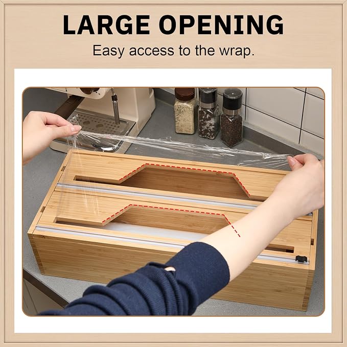Wesiti 18 Inch Large Plastic Wrap Organizer & Dispenser with Cutter 2 in 1 Aluminum Foil Wrap Butcher Parchment Paper Dispenser Bamboo Wall Mount Tin Wax Cling Organizer for Kitchen Countertop