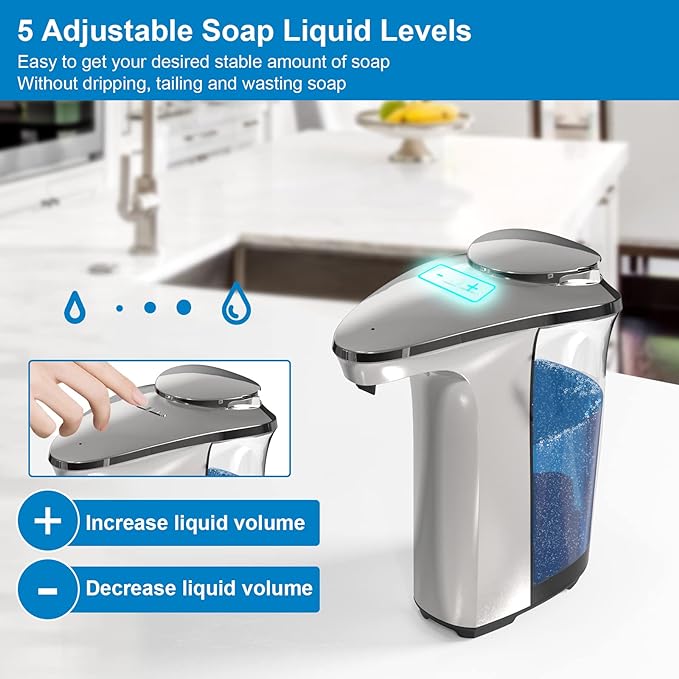 PZOTRUF Automatic Soap Dispenser, Touchless Dish Soap Dispenser 17oz/500ml with Upgraded Infrared Sensor, 5 Adjustable Soap Dispensing Levels, Liquid Hand Dispenser for Bathroom (Silver Set)
