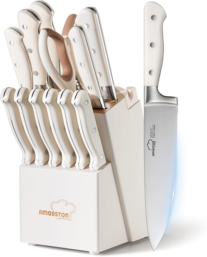 Knife Set, Kitchen Knives Set with Block and Sharpener 14 Pcs Full Tang Knives German Stainless Steel Dishwasher Safe Kitchen Utensils Set with Ergonomic Handle Gifts for Women