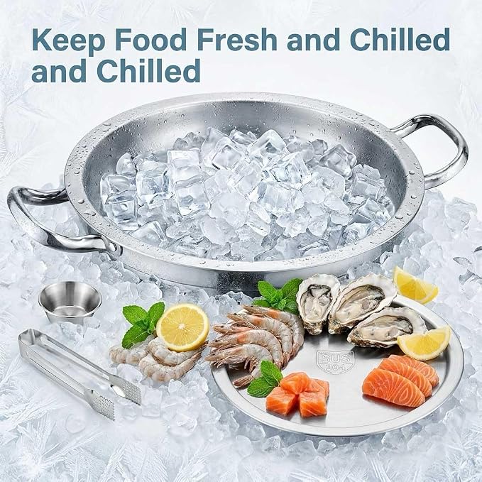Shrimp Cocktail Serving Dish with Ice Tray, 1-Set 12 Inch Platter | 304 stainless steel sauce cups, tray liner paper & tongs, ideal for parties, family gatherings, oysters & cold appetizers.