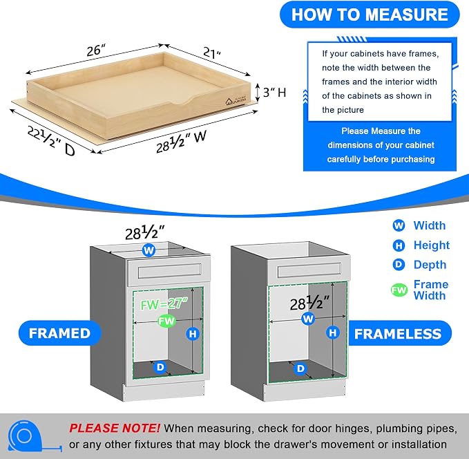 WelFurGeer Premium Birchwood Pull-Out Cabinet Drawers, 26" W x 21" D Pull Out Cabinet Organizer, Heavy-Duty Cabinet Organizer with Easy Installation, Space-Saving Pullout Drawer for Home & Kitchen