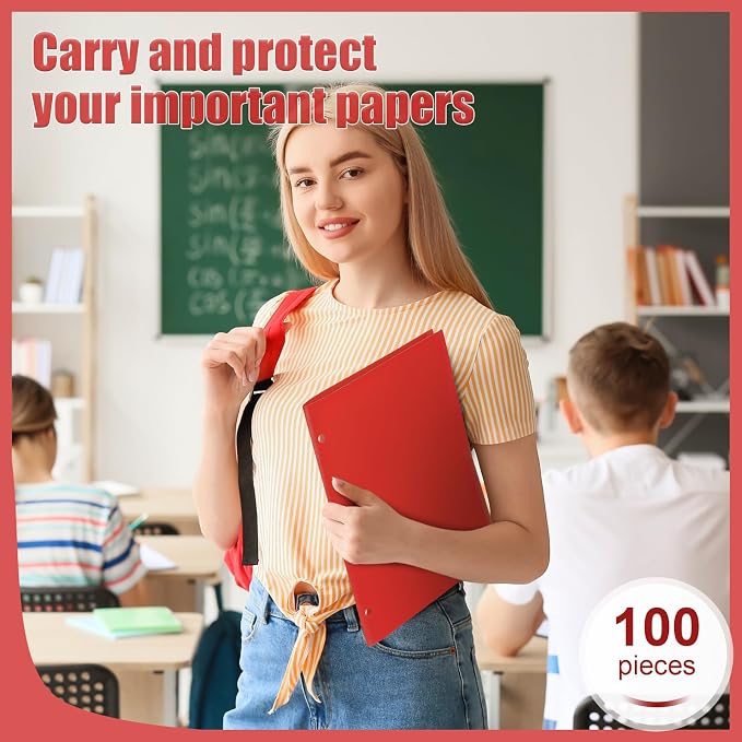 Yeaqee 100 Pcs Plastic Folders with Pockets Bulk 3 Hole Punched 2 Pocket File Folders for 3 Ring Binder Divider Folder for Notebooks, Durable Poly for Office Home (Red)