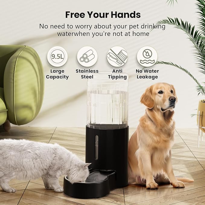 CZPET Dog Water Bowl Dispenser 9.5L, Wider Mouth Gravity Refilling (Black) | Upgraded Brush, Easy to Clean Automatic Cat Waterer with Removable Stainless Steel Bowl, Large Drinking Area for Multi-Pet