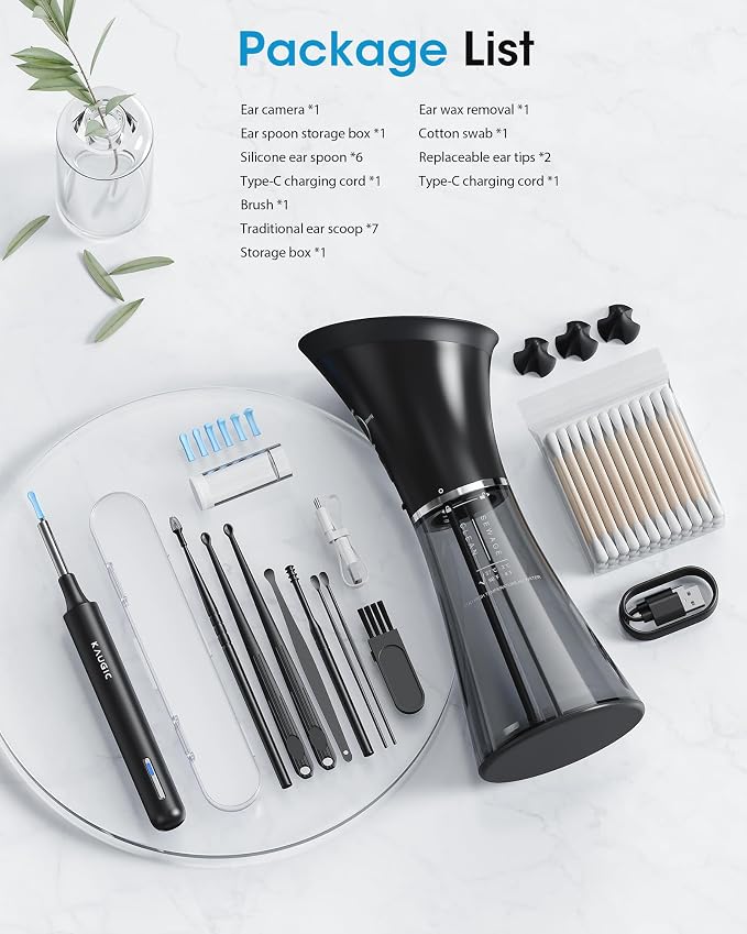KAUGIC Ear Wax Removal Kit with Camera – Ear Cleaner Tool for Safe & Effective Ear Care – Includes Ear Camera for Visual Inspection & Gentle Ear Irrigation System – Complete Ear Cleaning Solution | Complete Ear Cleaning Kit, Visual, Waste Collection Ta...