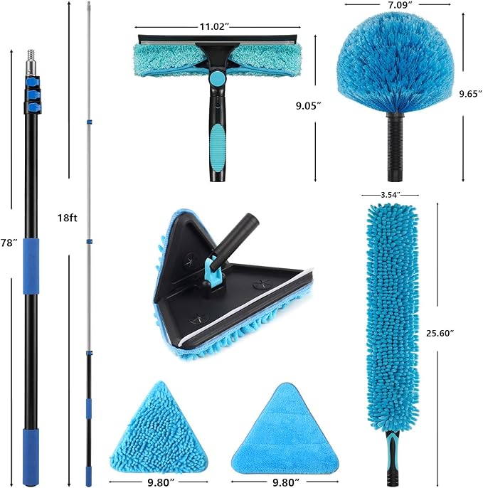 25ft Painted Wall Mop, 18ft Extension Pole, High Ceiling Cleaning Tool | Heavy Duty, 3-in-1 Cleaning Kit, 4 Microfiber Chenille Pad, Cobweb Duster, Fan, Baseboard, Window Squeegee Kit