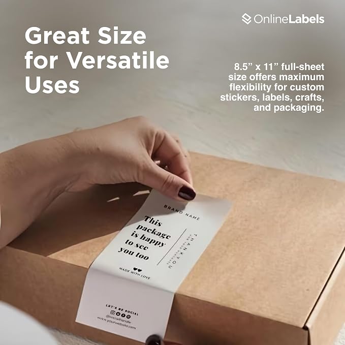Sticker Paper, 250 Sheets, White Matte, 8.5" x 11" Full Sheet Label, Works with Inkjet and Laser Printer, Compatible with Electronic Cutting Machines, OL177WX, OnlineLabels