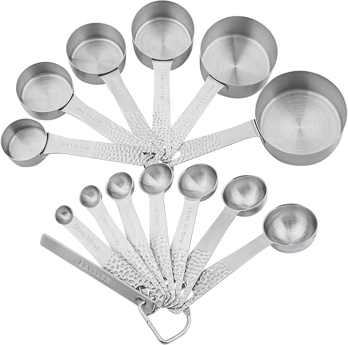 Measuring Cups and Spoons Set 14, Metric & US 18/8 Stainless Steel Measuring Cups and Spoons Set, Dry & Liquid Metal 6 Measure Cups & 7 Measure Spoons w/Leveler for Kitchen & Baking