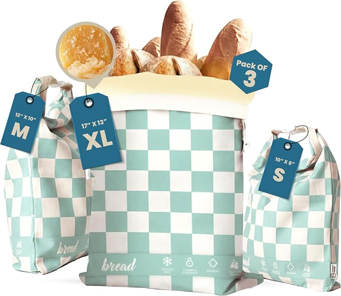 3-Pack Premium Reusable Beeswax Bread Bags for sourdough (XL, M, S) | 100% Organic Cotton, Secure Lock Closure, Freezer-Safe, Bread Storage, Breathable & Freshness Support, Eco-Friendly Bread Bag