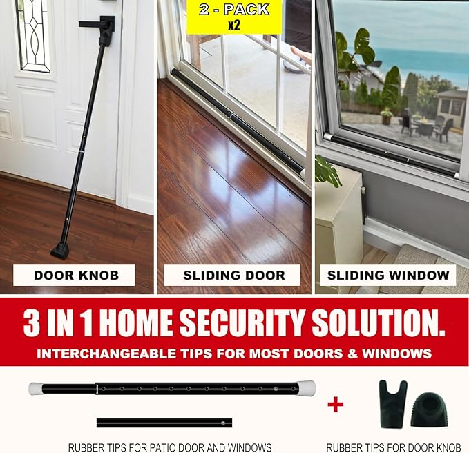 SECURITYMAN 3-in-1 Door Security Bar, Security Door Stoppers & Door Barricade – Heavy Duty Adjustable Iron Security Lock Bar for Home Defense, Apartment & Travel Safety (2 Pack - Black Stick)