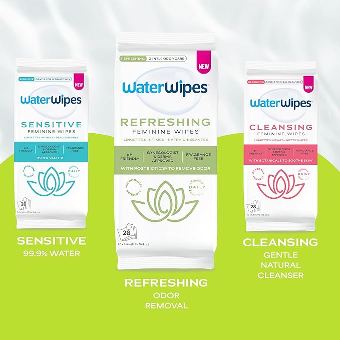WaterWipes Refreshing Feminine Wipes, Stay Fresh On-The-Go, pH Friendly for Daily Intimate Care, Odor Removal, Gynecologist Approved, Fragrance Free, 112 Count (4 Packs)